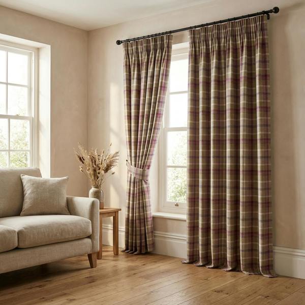 Trinity made-to-measure curtains in Heather, styled in a living room