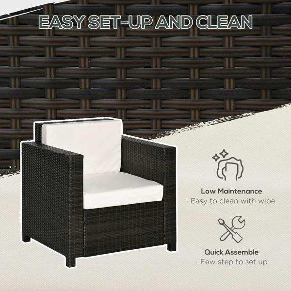 Rattan garden armchair with armrests and white cushion, dark brown woven PE wicker