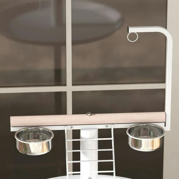 White bird feeding stand front view with two stainless bowls and central perch ladder