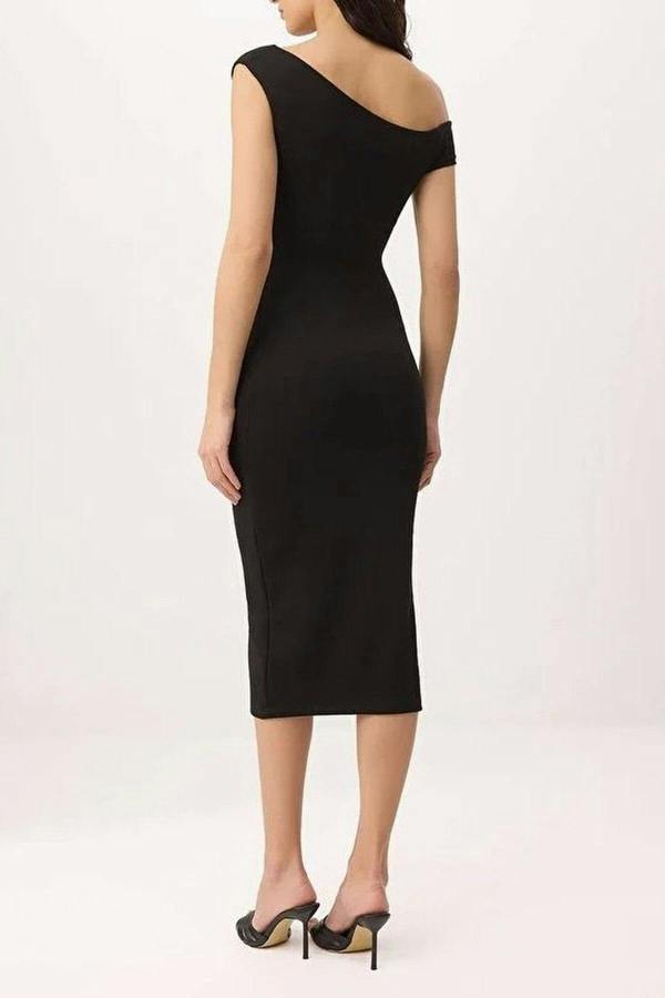WOVCOR Bodycon Asymmetrical Neck Dropped Sleeve  Midi Knitted Dress