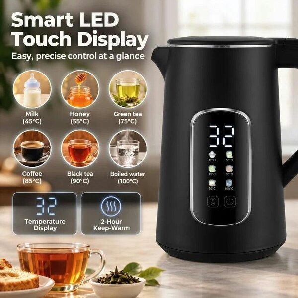 Kettle and Toaster Set with LED Touch Screen, Kettle with Strix Thermostat, 2 Slice Toaster w/ 6 Browning Levels, Black
