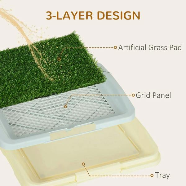 3-layer puppy training pad showing artificial grass, grid panel, and tray layers
