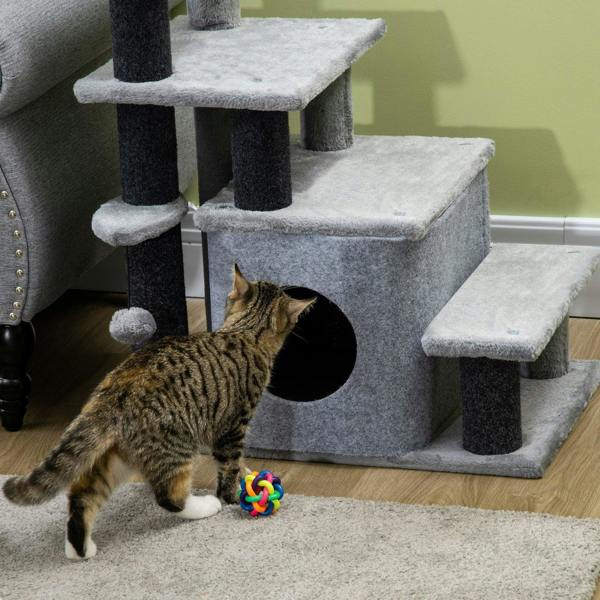 Grey cat steps with house doorway, side hanging ball, and top platform