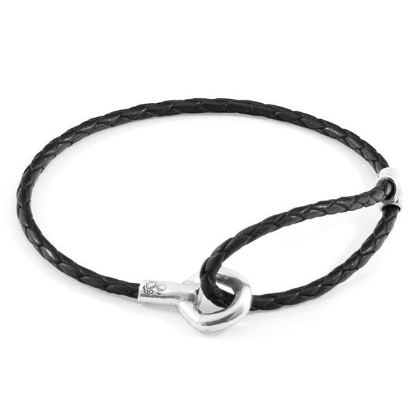 Anchor & Crew Coal Black Blake Silver and Braided Leather Bracelet 