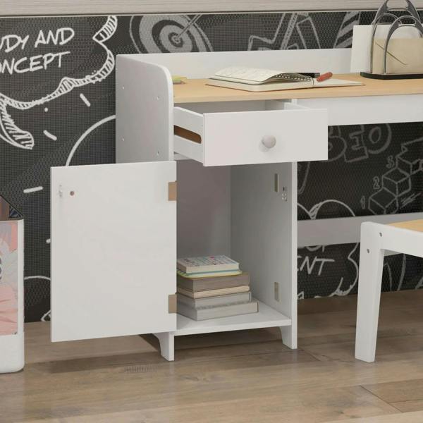 White kids desk with open side cabinet storage and matching chair
