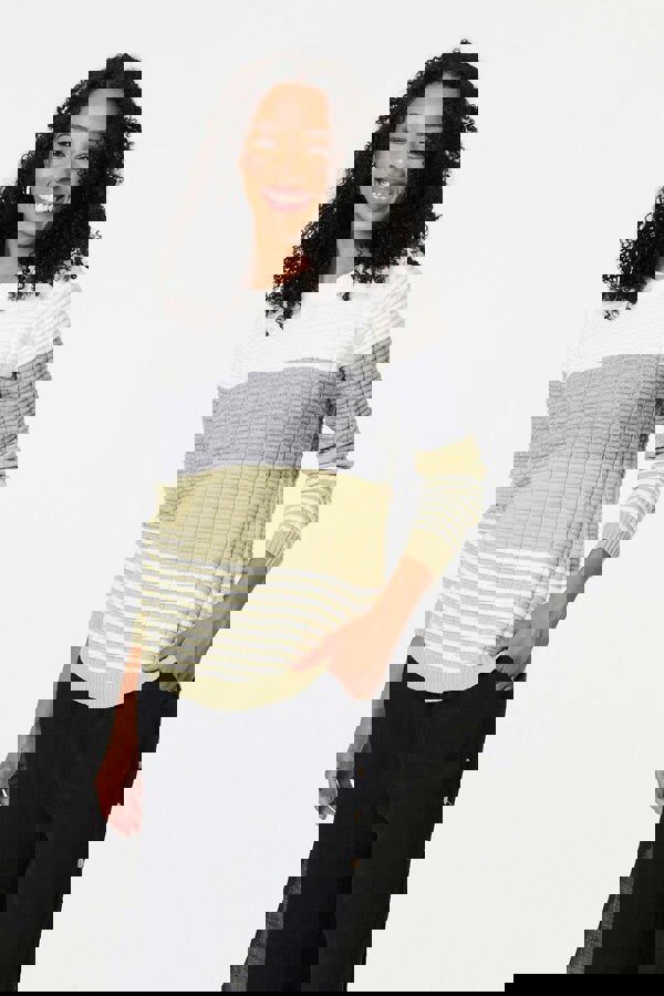 Sage | Colour Block Textured Curve Hem Jumper : Model is 5'8"/172 cm and wears UK8/EU36/US4/AUS8