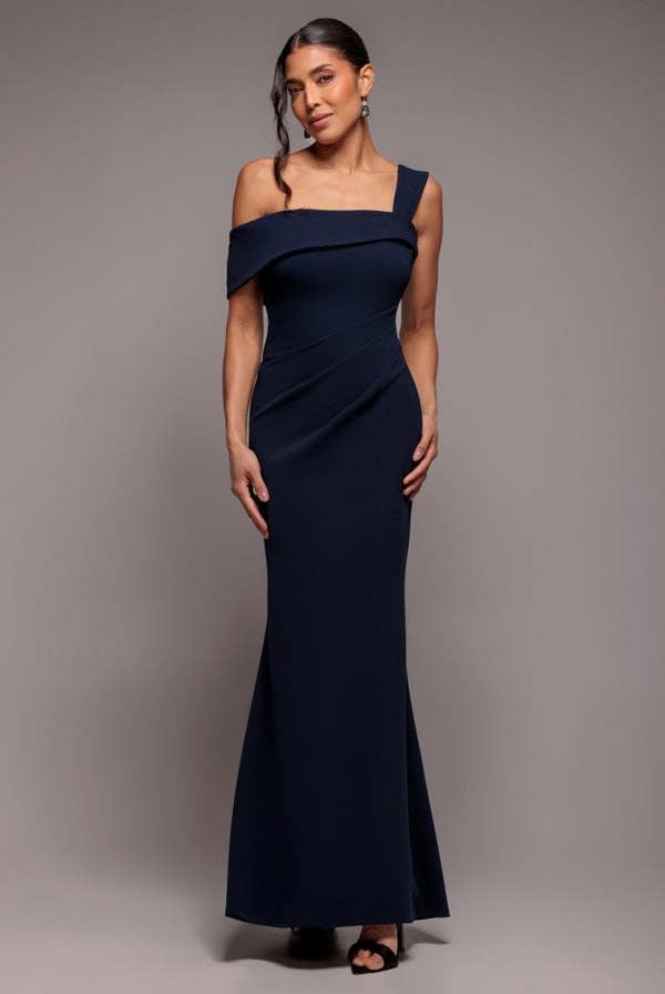 Off The Shoulder Pleated Waist Maxi Dress - Navy DR2594
