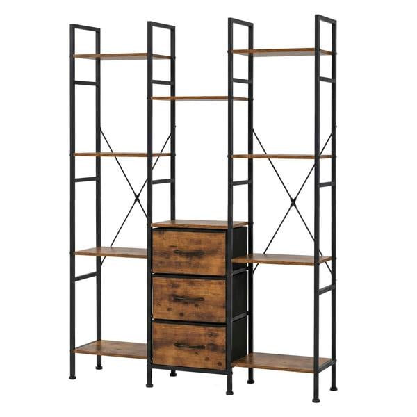 Levede Book Shelves 10 Open 3 Fabric Drawers Tall Storage Unit for Office Brown