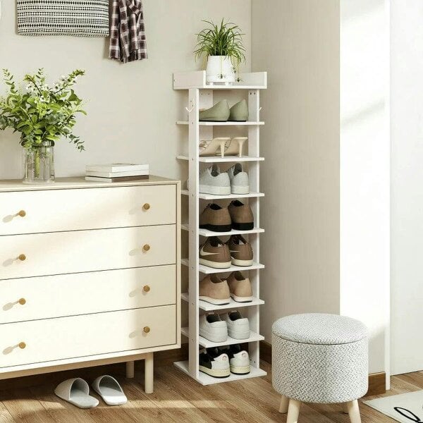 Bobobiy Shoe Rack 9-Tier Shoe Storage Organiser Top Tray Guardrail 2 Hooks 30 x 30 x 128.4 cm White
