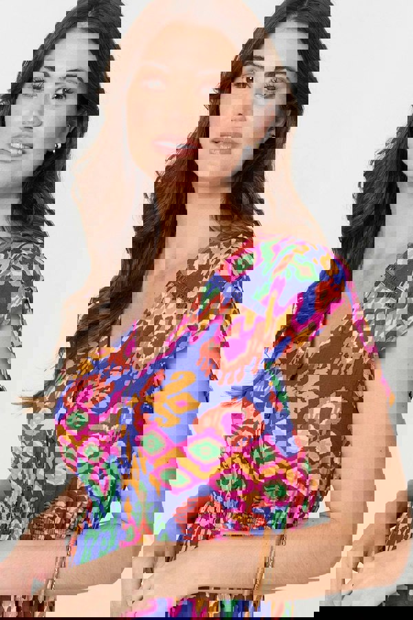 Blue | Ikat Print Lace Trim Midi Smock Dress
