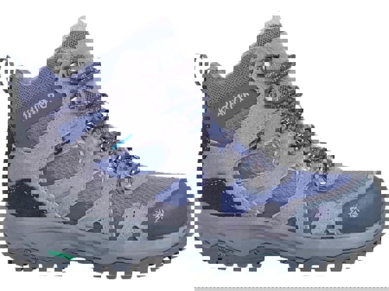 Karrimor Bodmin Mid 6 Womens Walking Hiking Trekking Boots, grey and purple outdoor footwear with supportive ankle support, durable sole and waterproof features.