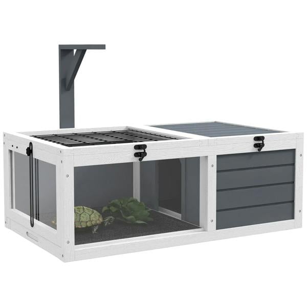 Grey wooden tortoise table with open top, wire mesh, two compartments and pull-out trays