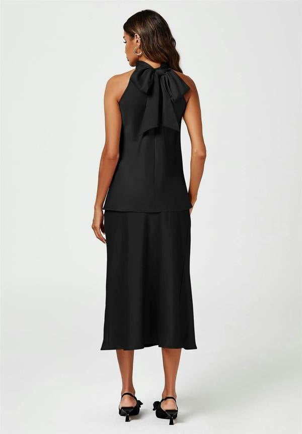 FS Collection Satin Halter Neck Tie Back Top In Black