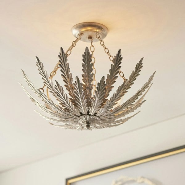 Ornate Silver Flush Ceiling Light Decorative Leaf Design Dimmable 3 Bulb Pendant