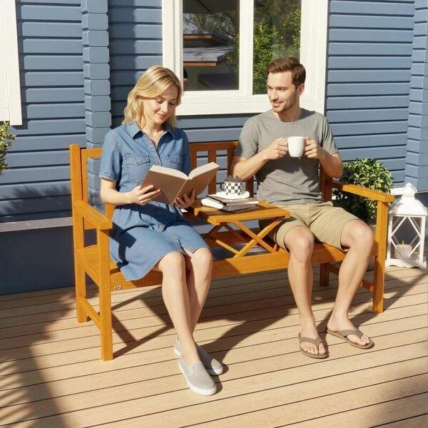 Wooden Bench with Liftable Middle Table, Outdoor Bench, Patio Loveseat for Porch, Garden, Seats 2-3 People - Brown