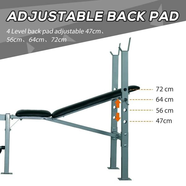 Adjustable back pad weight bench with black padded backrest and four-level height positions