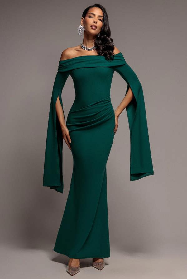 Off Shoulder Bardot Maxi Dress With  Split Cape Sleeves - Emerald Green DR5254