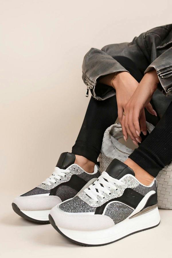 Vinna Chunky Glitter Lace-up Trainers - Black