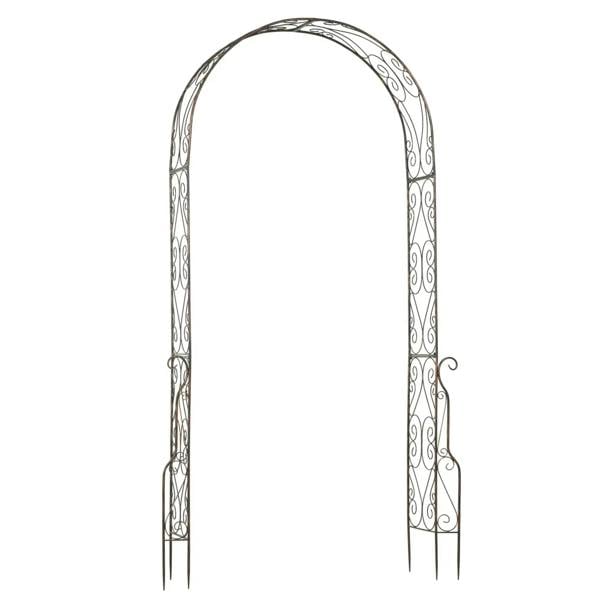 Black metal arch trellis with lattice-style vine scroll panels and ground stakes