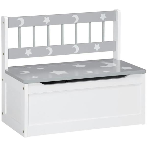 Kids storage bench toy box with grey star-and-moon panel, hinged lid and safety rod