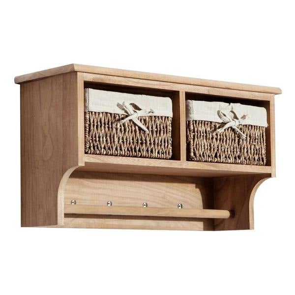 Brown coat rack shelf with two woven baskets and four metal hooks, front view