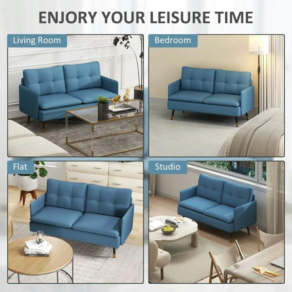 Blue upholstered loveseat sofa with tufted back cushions and steel legs