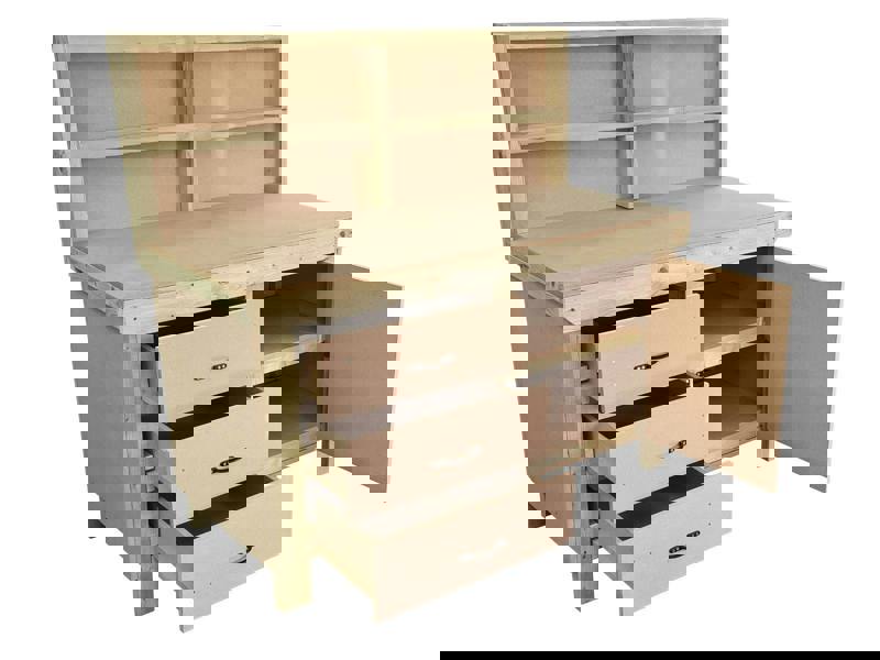 Wooden MDF Top Workbench – Sturdy tool cabinet with a lockable cupboard, back panel, and double shelf for extra storage. Ideal for garages, workshops, and studios