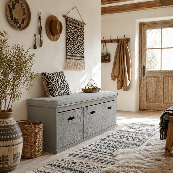 Wyld Haus Marari Wooden Grey 3 Drawer Shoe Storage Bench With Padded Seat
