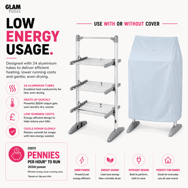 Glamhaus EcoDry Electric Heated Clothes Airer with Cover 248W Foldable