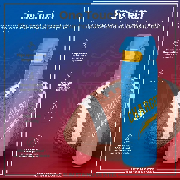 A blue water bottle, featuring a flip top and Chargers logo, rests near an American football. The bottle opens one-handed with a simple click; it's leakproof and has triple lock security. The background displays NFL branding.