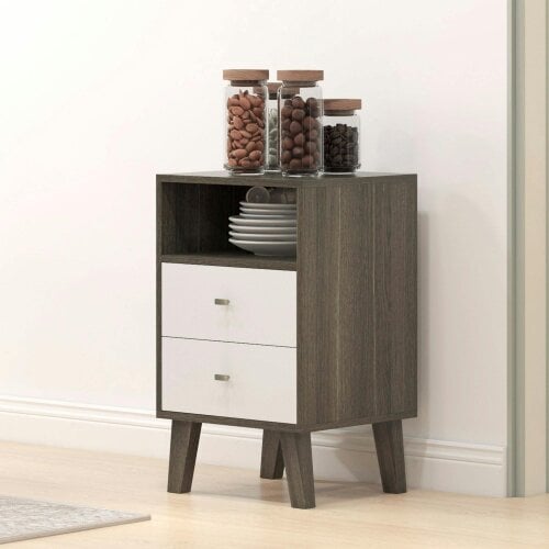 Wyld Haus Cosana Grey and White Scandinavian Bedside Table With Drawers And Open Shelf