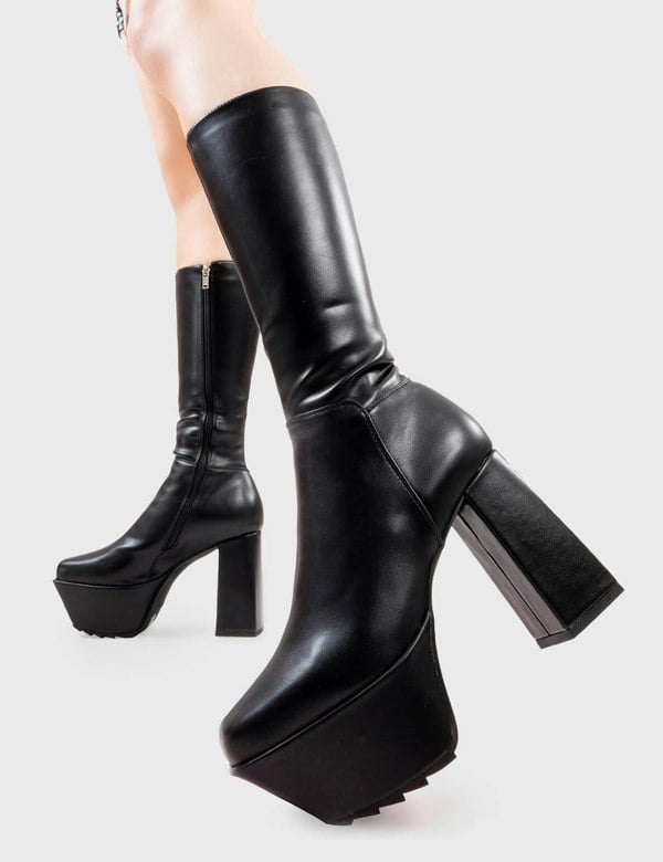 Lamoda Chunky Calf Boots Who Cares Square Toe Platform Heels with Zipper, Black