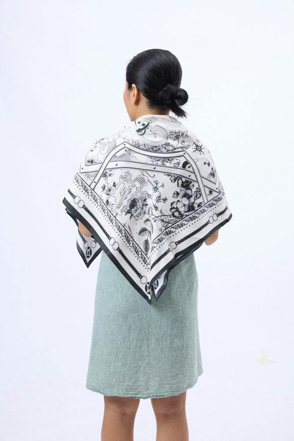 Monochrome Nautical Twill Silk Scarf – Printed Mulberry Silk, Hand-Rolled Hem