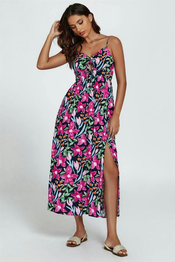 FS Collection Floral Print Tie Front Maxi Dress In Black