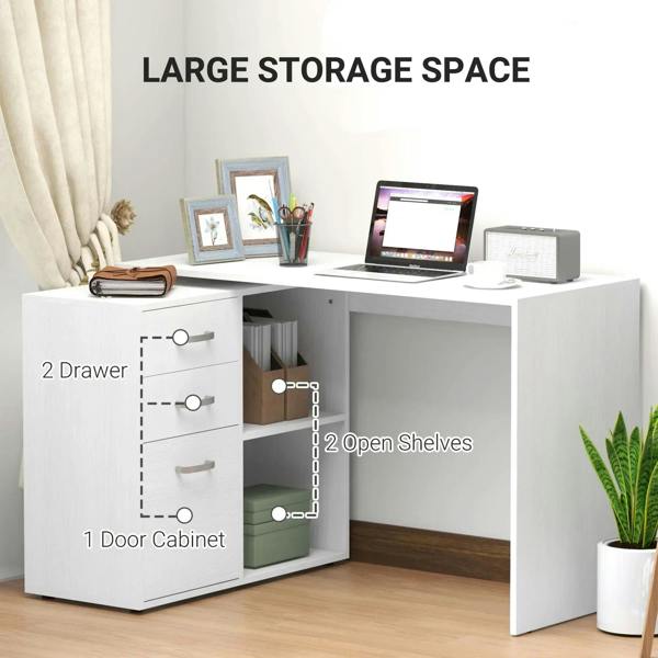White L-shaped office desk with drawers and open shelves, metal handle pulls.