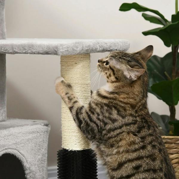 Grey plush cat tree with hanging ball and arched condo; tabby cat on scratching post