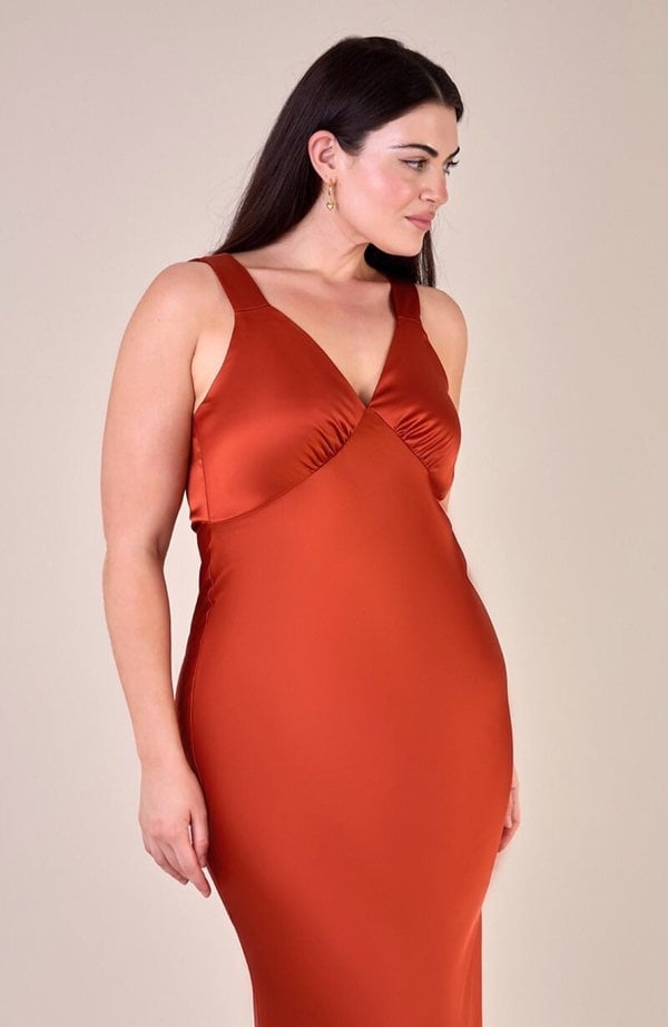 Rewritten London Amelia Dress in Burnt Orange Satin