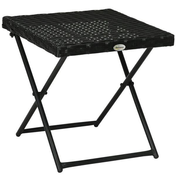 Black square wicker rattan folding table with woven top and crossed metal legs