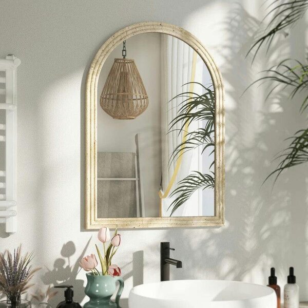 Arched Wall Mirror with Grooved Edge & Hooks, Wall-Mounted Mirror, Modern Tempered Glass & Polystyrene Beige - Beige