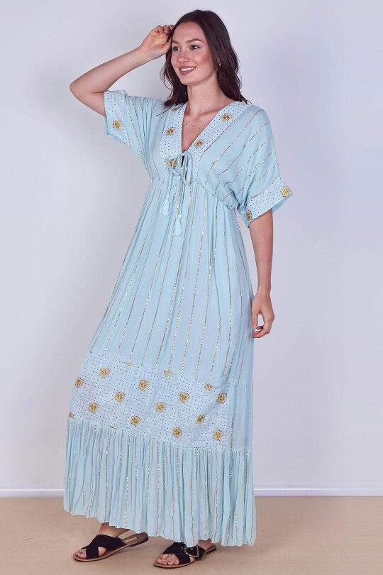 Boho Sequin Square Embroidered Maxi Dress