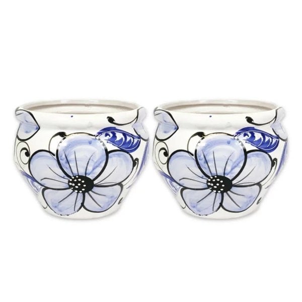 Bola Pot 25x21cm - Blue Flower - Set of 2 with 2 x 27cm Drainage Plates