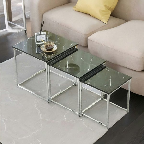 Rafaelo Mobilia Set Of 3 Faux Marble Nesting Tables Black