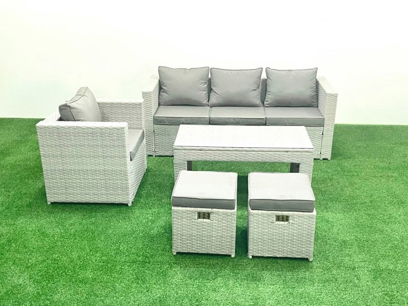 Fimous Rattan Garden Furniture Set 5 Pieces Outdoor Garden Sofa Oblong Coffee Table Set with Chair 2 Small Footstools Light Grey Mixed