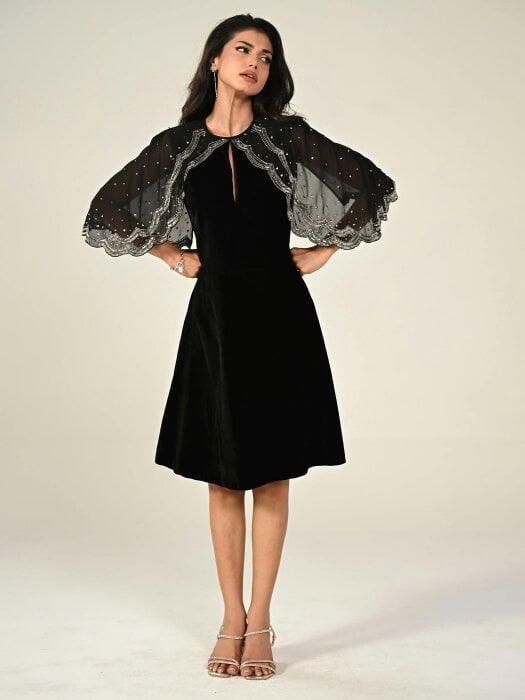 Rose & Nancy Heidi Black Velvet Hand Embroidered Cape Mini Dress
