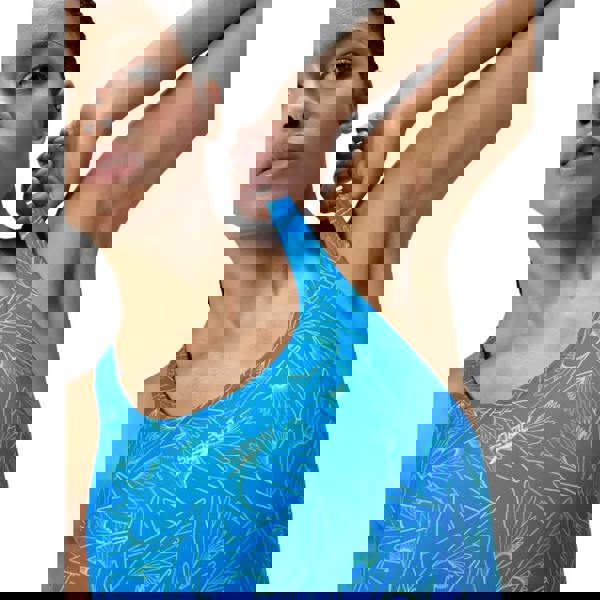 Blue Speedo Hyperboom Medalist Allover Print Swimsuit with leaf pattern