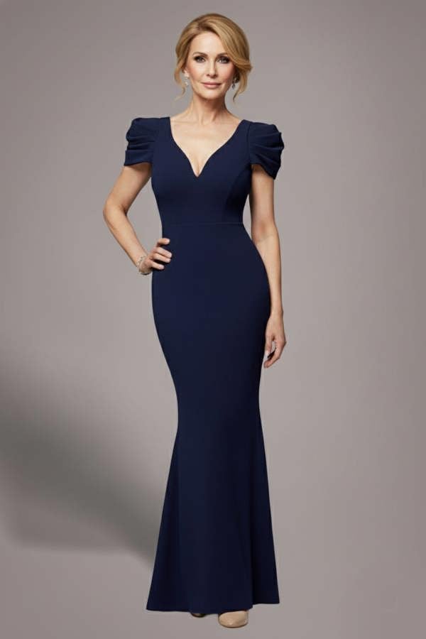 Plunging Neck Pleated Sleeves Scuba Maxi Dress - Navy Blue DR4820M
