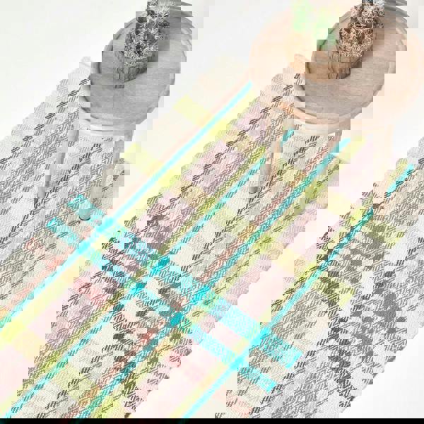 HOMESCAPES Wilson Handwoven Blue, Yellow and Brown Tartan 100% Cotton Rug