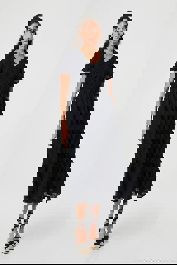 Black | Smocked Flared Sleeve Tiered Midi Dress
