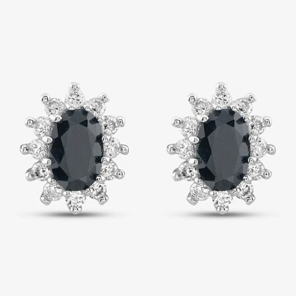 T. H. Baker 9ct White Gold Oval Cut Black Sapphire Cubic Zirconia Halo Stud Earrings 1.58.9649