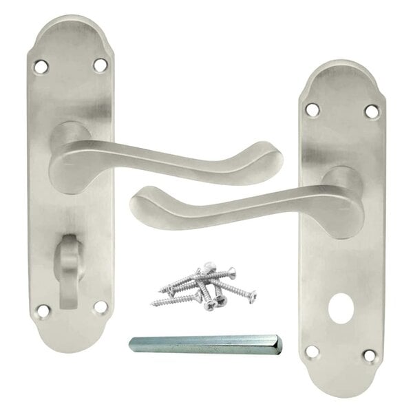 EDH Door Hardware Satin Nickel Bathroom Door Handle – Epsom Style Victorian Scroll Privacy Lever